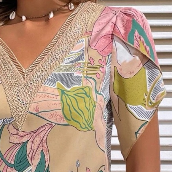 Boho Floral Print Petal Sleeve Shirt Top Blouse - Picture 6 of 8